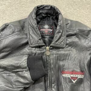 VTG Harley Davidson Las Vegas Cafe Black Leather Bomber Jacket Mens L Biker